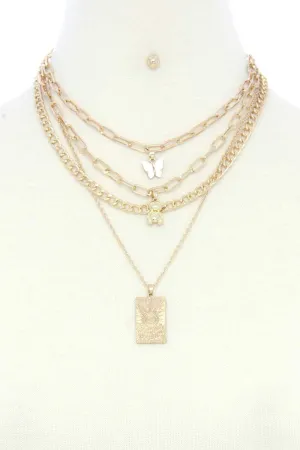 Dainty Butterfly Bear Charm Oval Link Layered Necklace