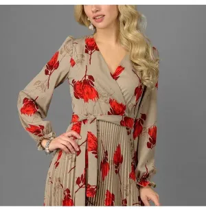 Elegant Slim Floral Printed A-Line V-Neck Long Sleeve White Vestidos For Female