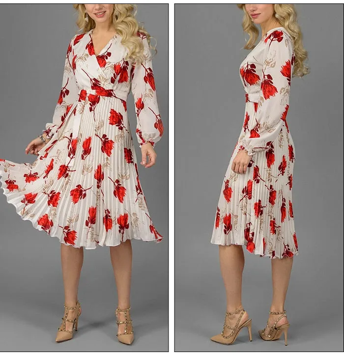 Elegant Slim Floral Printed A-Line V-Neck Long Sleeve White Vestidos For Female