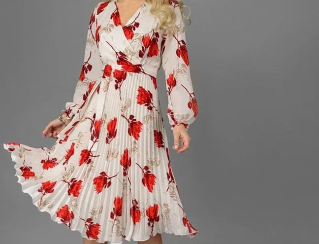 Elegant Slim Floral Printed A-Line V-Neck Long Sleeve White Vestidos For Female