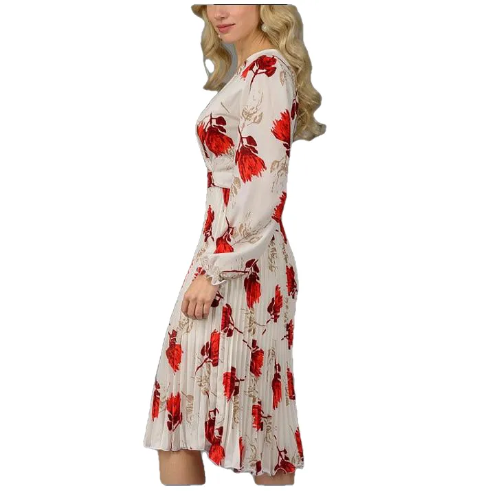 Elegant Slim Floral Printed A-Line V-Neck Long Sleeve White Vestidos For Female
