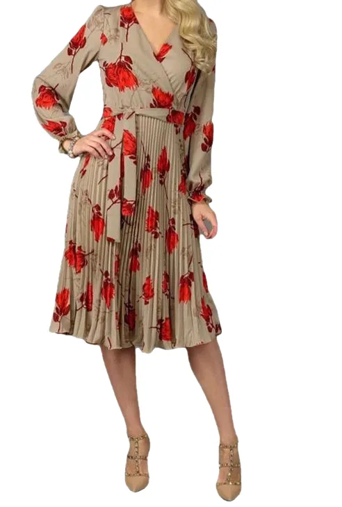 Elegant Slim Floral Printed A-Line V-Neck Long Sleeve White Vestidos For Female