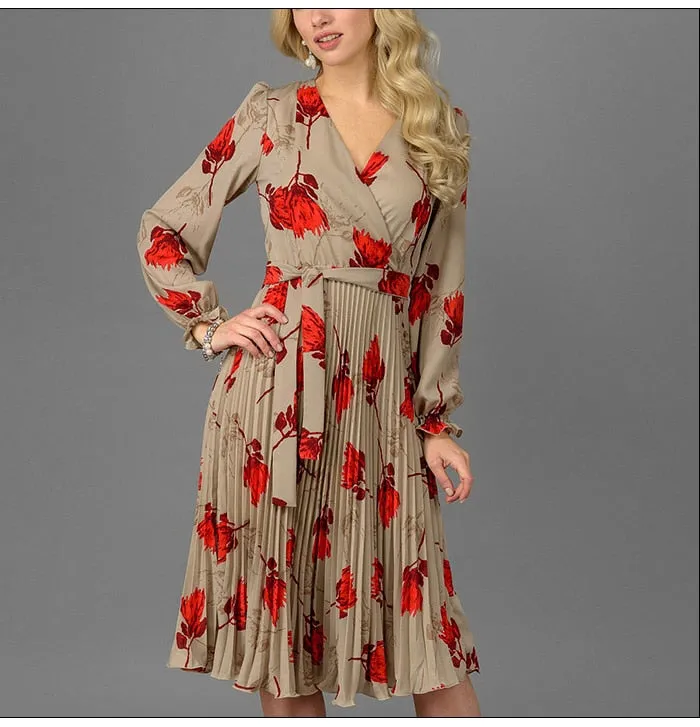 Elegant Slim Floral Printed A-Line V-Neck Long Sleeve White Vestidos For Female