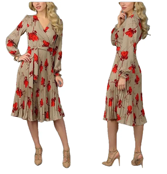 Elegant Slim Floral Printed A-Line V-Neck Long Sleeve White Vestidos For Female