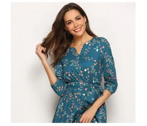 Elegant V Neck 3/4 Sleeve A Line Mid-Calf Print Dress Female