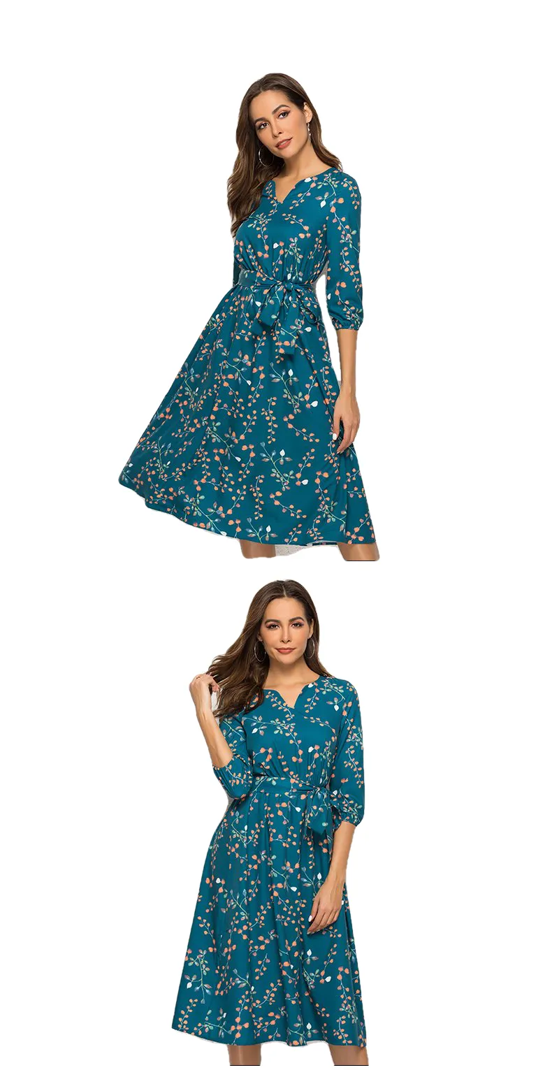 Elegant V Neck 3/4 Sleeve A Line Mid-Calf Print Dress Female