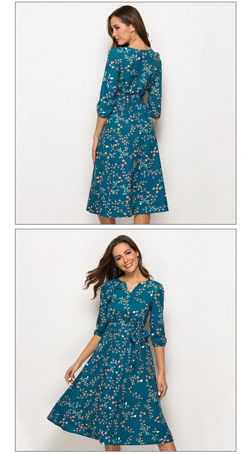 Elegant V Neck 3/4 Sleeve A Line Mid-Calf Print Dress Female