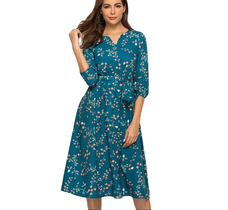 Elegant V Neck 3/4 Sleeve A Line Mid-Calf Print Dress Female
