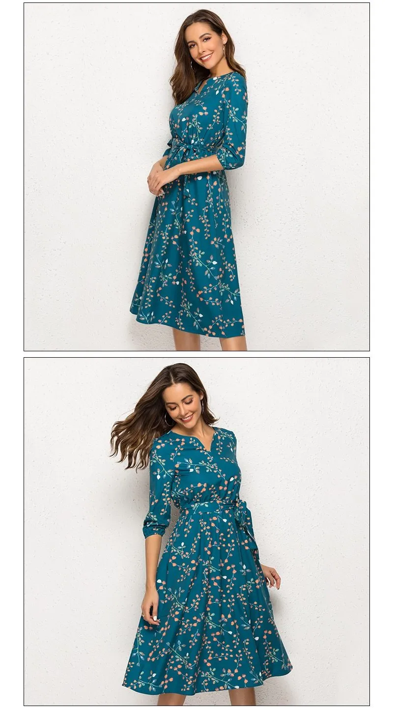 Elegant V Neck 3/4 Sleeve A Line Mid-Calf Print Dress Female