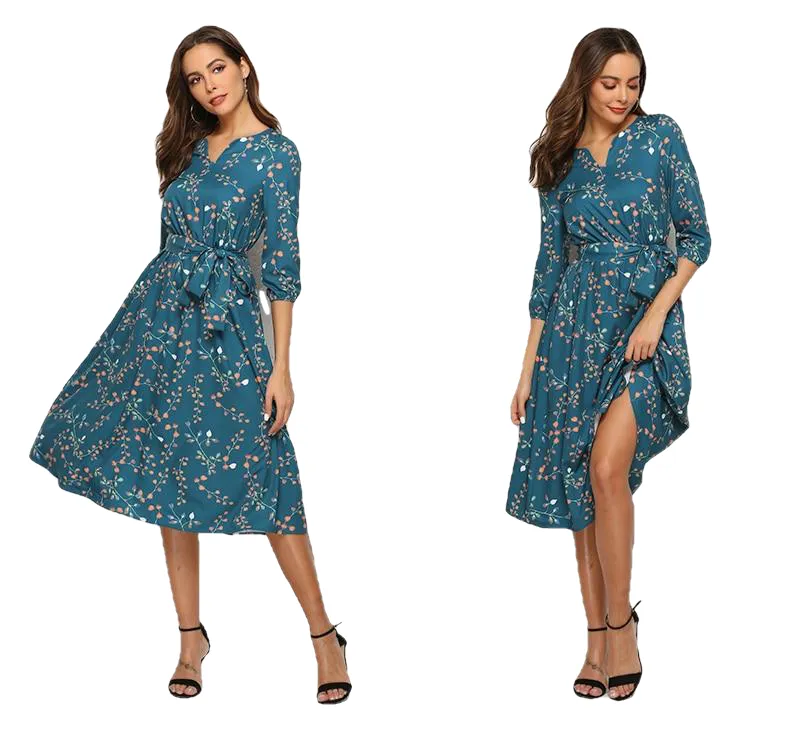 Elegant V Neck 3/4 Sleeve A Line Mid-Calf Print Dress Female