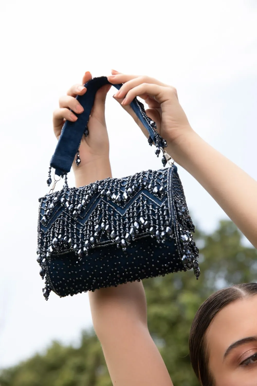 Embellished Blue Purse Clutch With Fold-Over Design