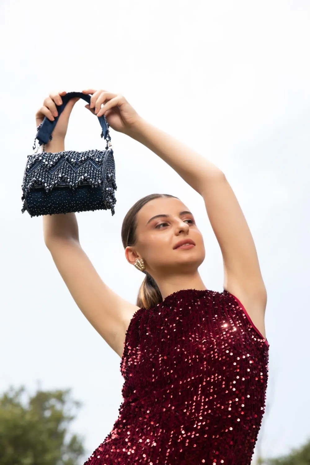 Embellished Blue Purse Clutch With Fold-Over Design