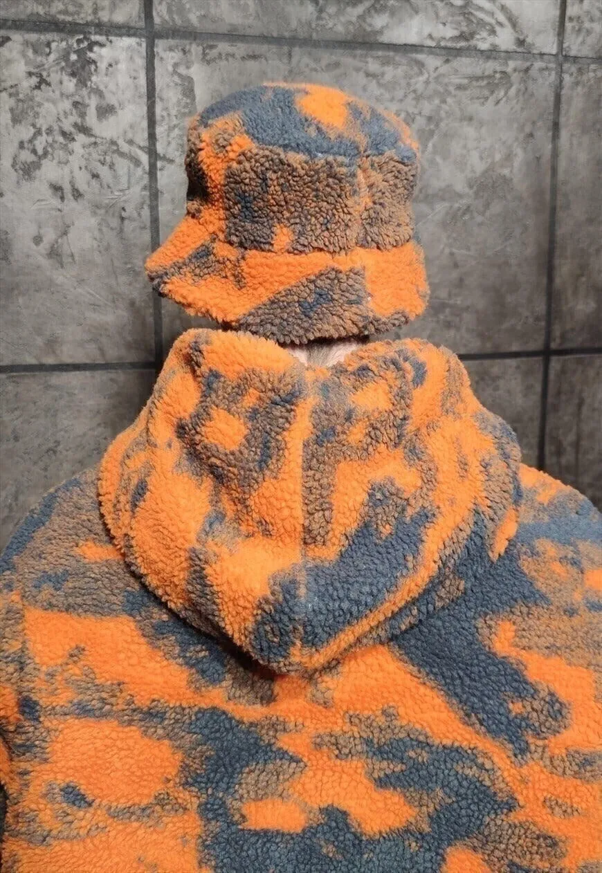 Fleece fisherman hat handmade tie-dye camo bucket orange
