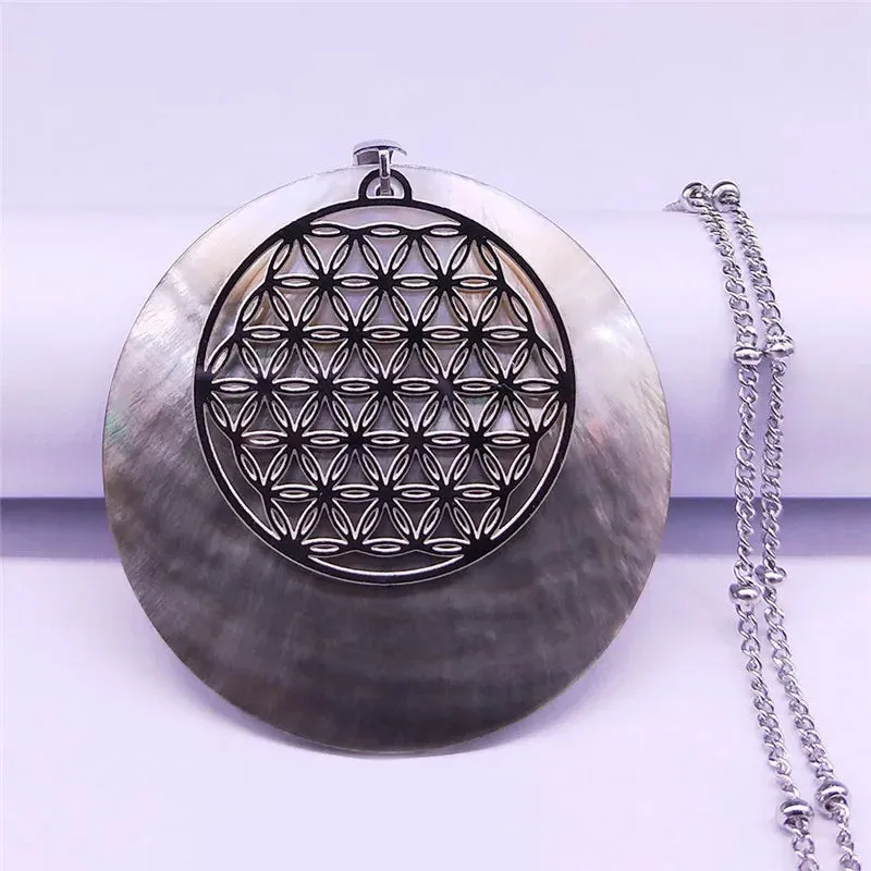 Flower of Life Stainless Steel Shell Charm Necklace for Women
