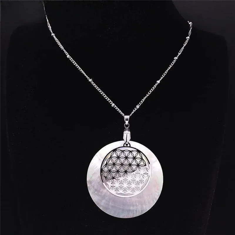 Flower of Life Stainless Steel Shell Charm Necklace for Women