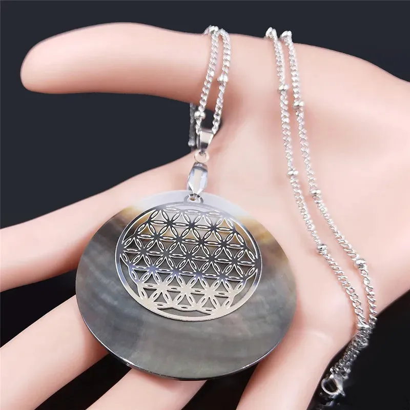 Flower of Life Stainless Steel Shell Charm Necklace for Women
