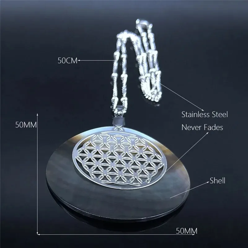 Flower of Life Stainless Steel Shell Charm Necklace for Women