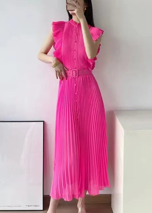 FLYTONN- New Rose Ruffled Button Sashes Chiffon Maxi Dresses Sleeveless WW1063