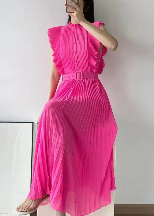 FLYTONN- New Rose Ruffled Button Sashes Chiffon Maxi Dresses Sleeveless WW1063