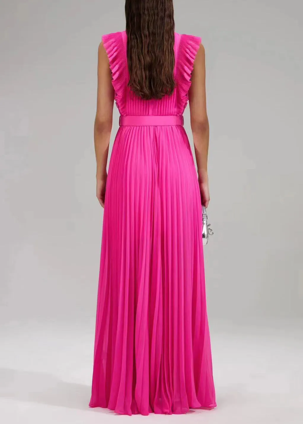 FLYTONN- New Rose Ruffled Button Sashes Chiffon Maxi Dresses Sleeveless WW1063