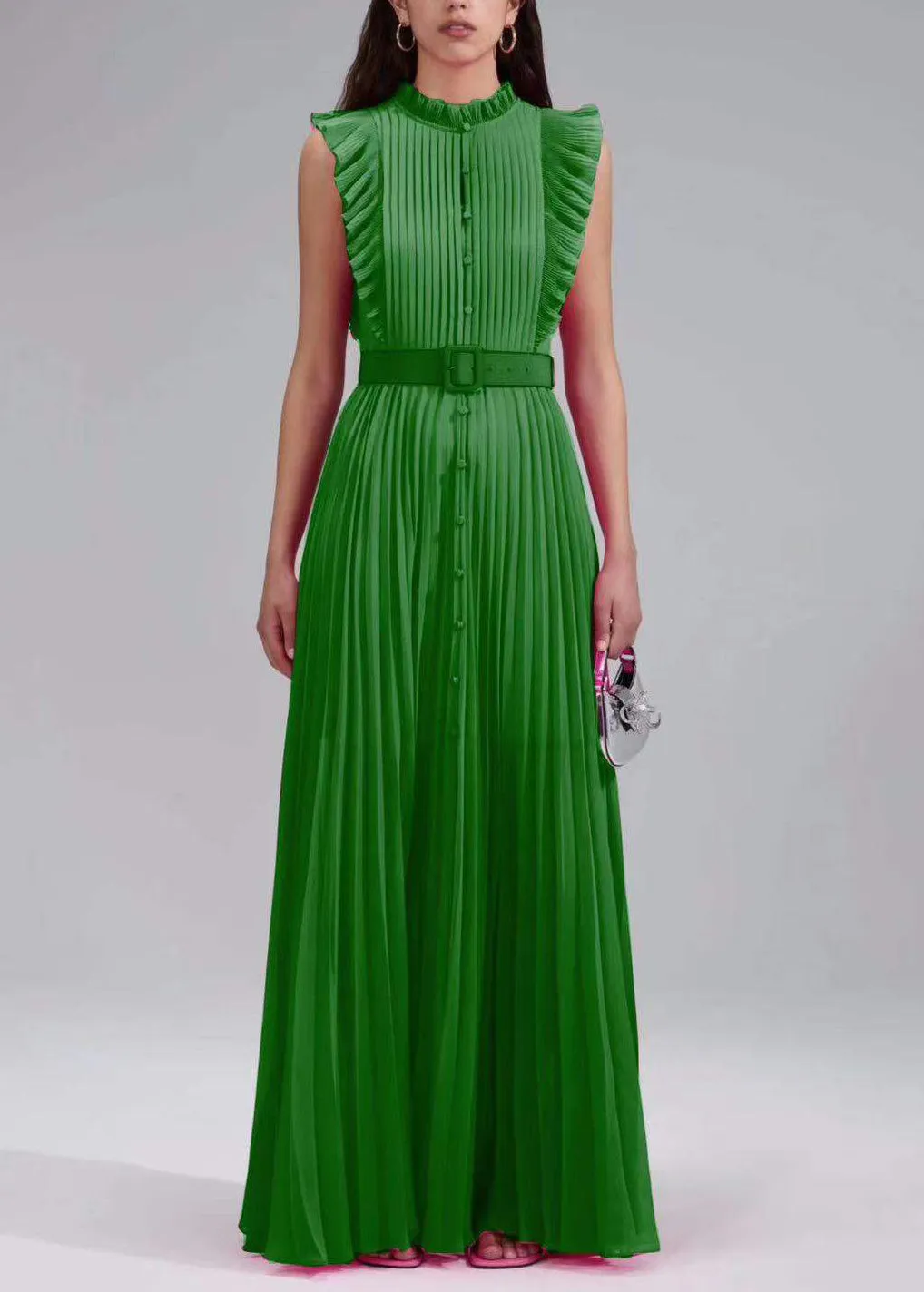 FLYTONN- New Rose Ruffled Button Sashes Chiffon Maxi Dresses Sleeveless WW1063