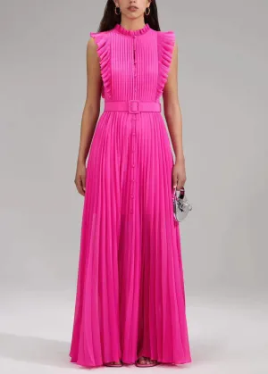FLYTONN- New Rose Ruffled Button Sashes Chiffon Maxi Dresses Sleeveless WW1063