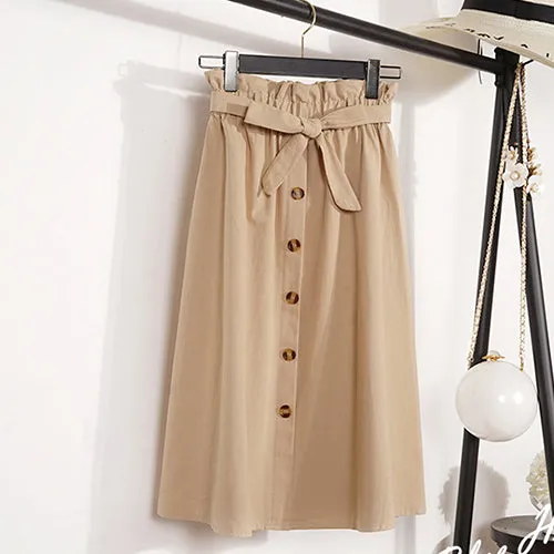 Gogoyouth Summer Autumn Skirts Womens 2018 Midi Knee Length Korean Elegant Button High Waist Skirt Female Pleated School Skirt
