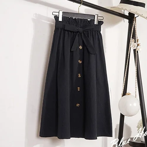 Gogoyouth Summer Autumn Skirts Womens 2018 Midi Knee Length Korean Elegant Button High Waist Skirt Female Pleated School Skirt