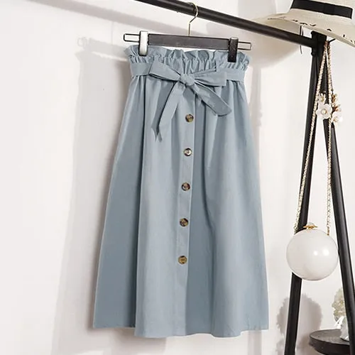Gogoyouth Summer Autumn Skirts Womens 2018 Midi Knee Length Korean Elegant Button High Waist Skirt Female Pleated School Skirt