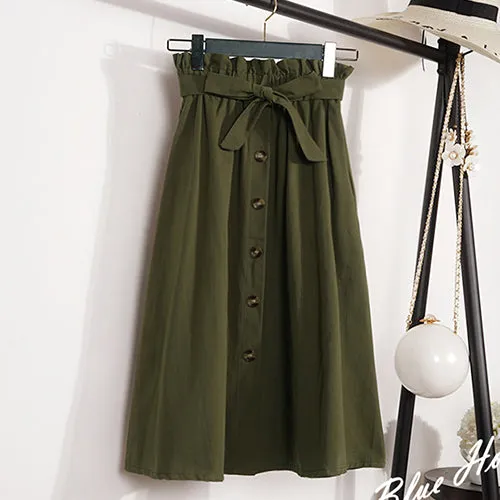 Gogoyouth Summer Autumn Skirts Womens 2018 Midi Knee Length Korean Elegant Button High Waist Skirt Female Pleated School Skirt