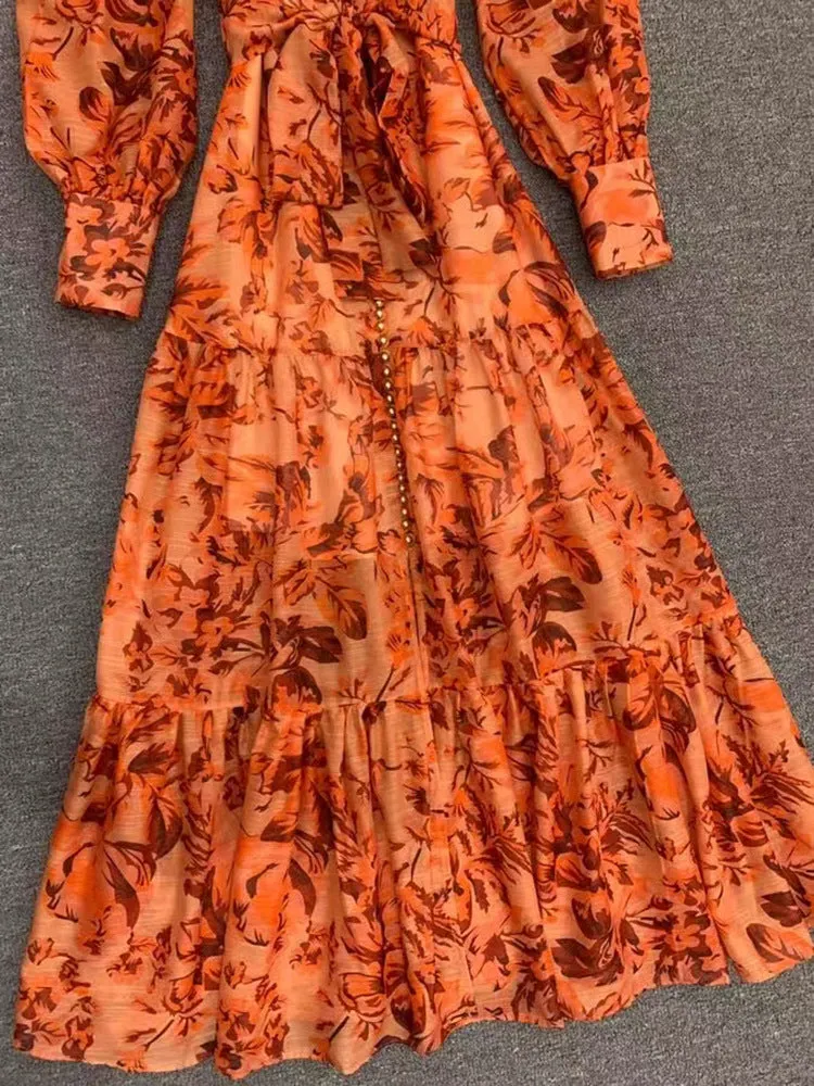 High-end Flower Lapel Collar Long Lantern Sleeve Sashes Vintage Dress