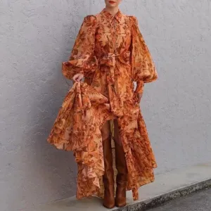 High-end Flower Lapel Collar Long Lantern Sleeve Sashes Vintage Dress