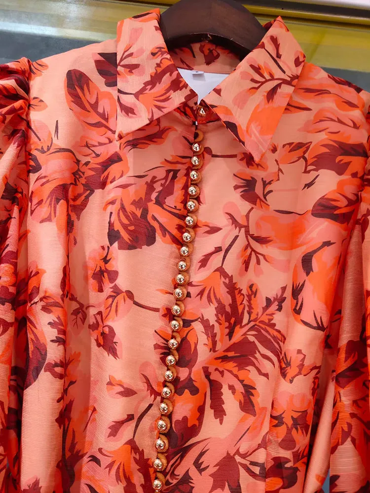 High-end Flower Lapel Collar Long Lantern Sleeve Sashes Vintage Dress