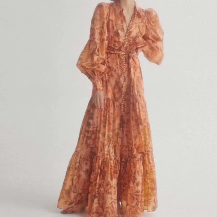 High-end Flower Lapel Collar Long Lantern Sleeve Sashes Vintage Dress