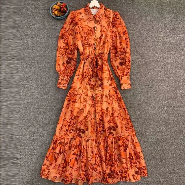High-end Flower Lapel Collar Long Lantern Sleeve Sashes Vintage Dress