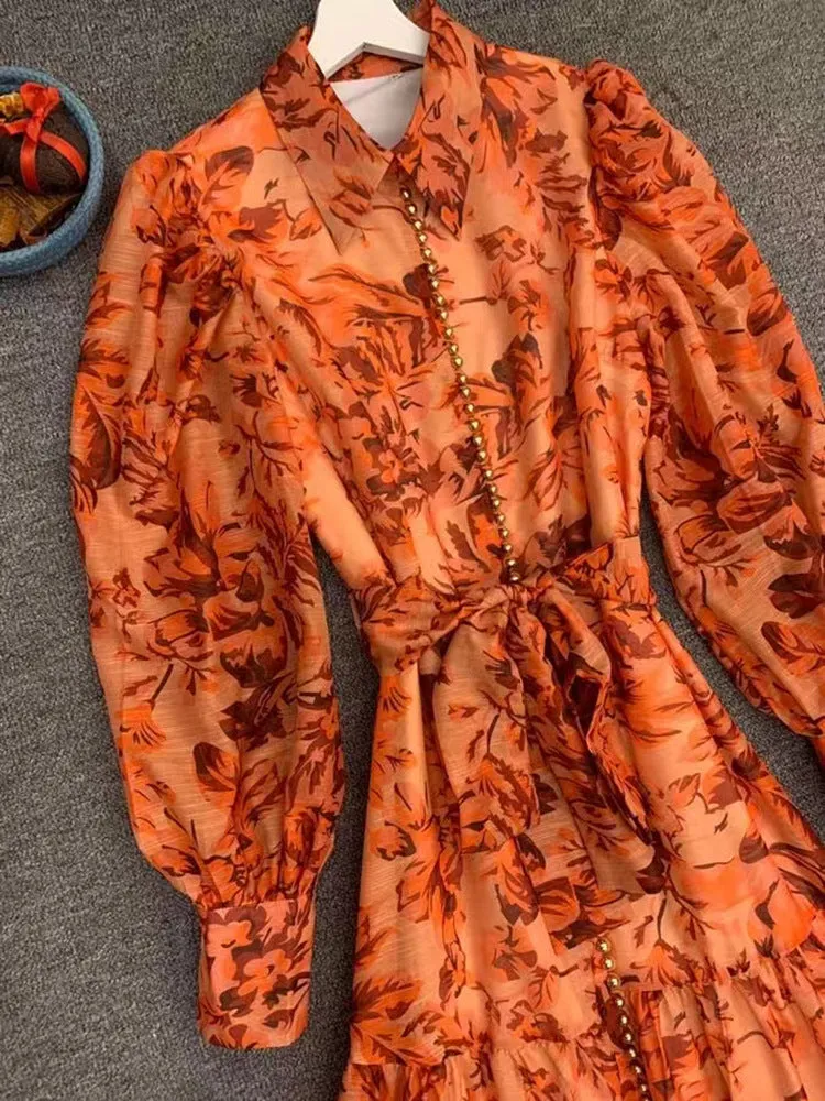 High-end Flower Lapel Collar Long Lantern Sleeve Sashes Vintage Dress