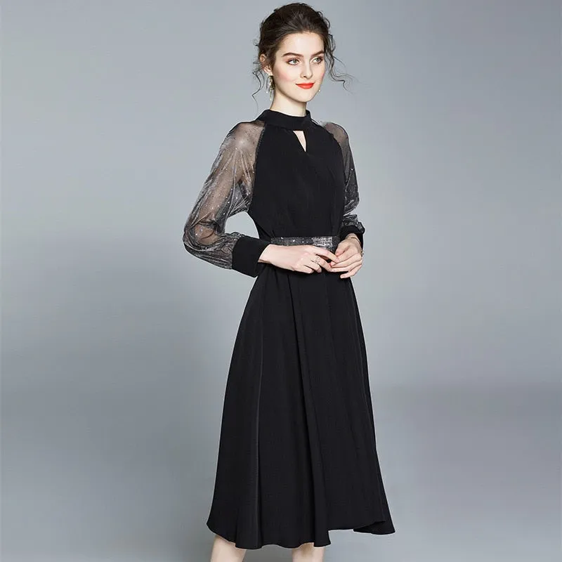 High-end Mesh Long Sleeve Classy Swing Dress