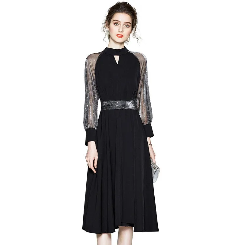 High-end Mesh Long Sleeve Classy Swing Dress