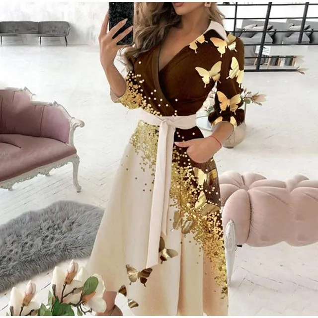 High-end V-neck Half Sleeve Sashes Midi Dress