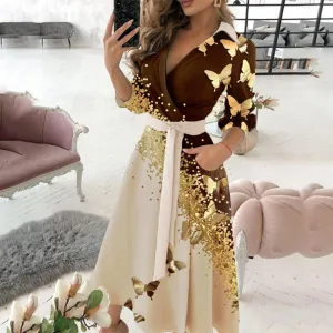 High-end V-neck Half Sleeve Sashes Midi Dress