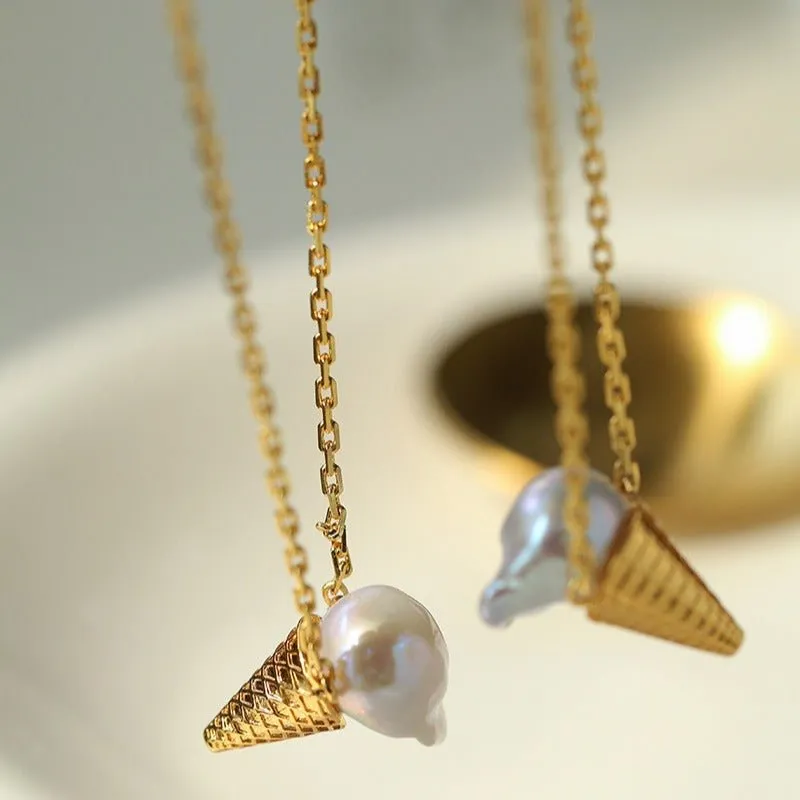 Ice Cream Baroque Pearl Chain Pendant Necklace