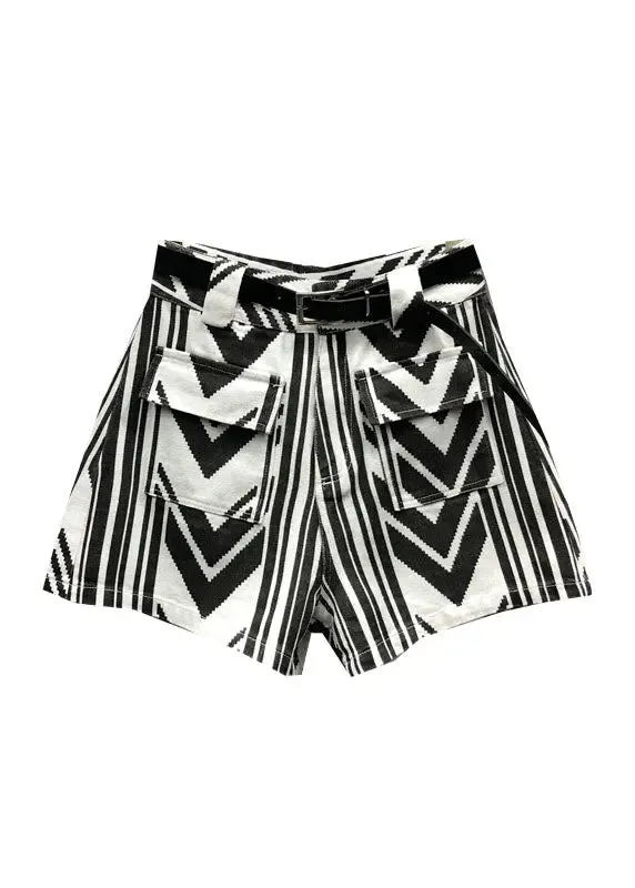 Italian Striped Sashes Pockets Denim Shorts Summer ML0757