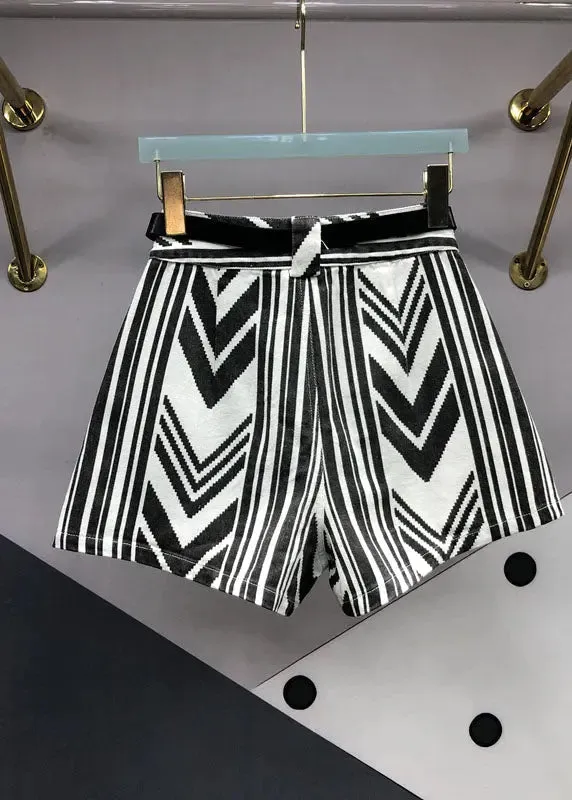 Italian Striped Sashes Pockets Denim Shorts Summer ML0757