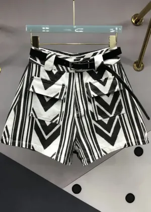 Italian Striped Sashes Pockets Denim Shorts Summer ML0757