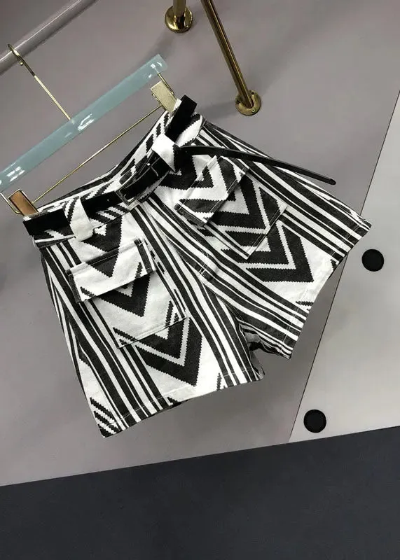 Italian Striped Sashes Pockets Denim Shorts Summer ML0757
