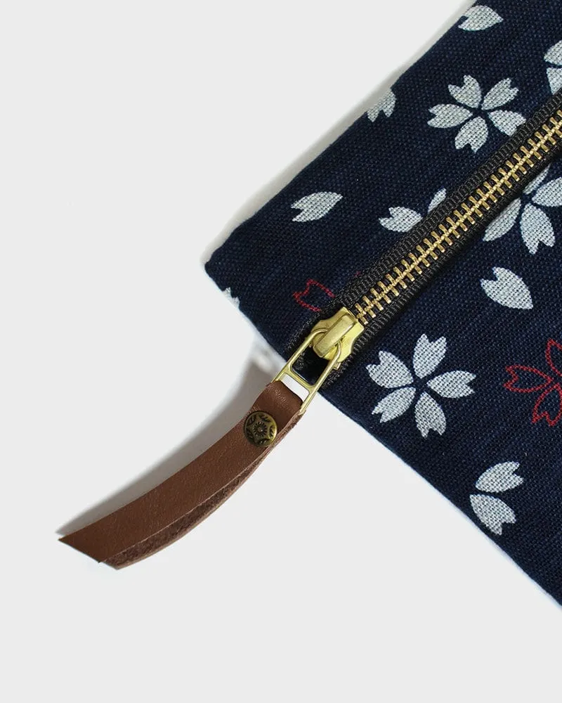 Kiriko Original Flat Zipper Pouch, Medium, Dark Indigo Sakura