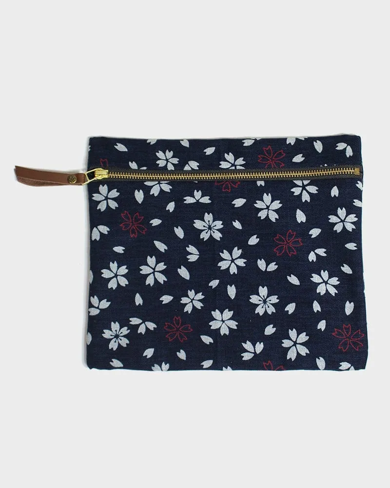Kiriko Original Flat Zipper Pouch, Medium, Dark Indigo Sakura