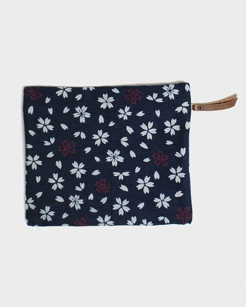 Kiriko Original Flat Zipper Pouch, Medium, Dark Indigo Sakura