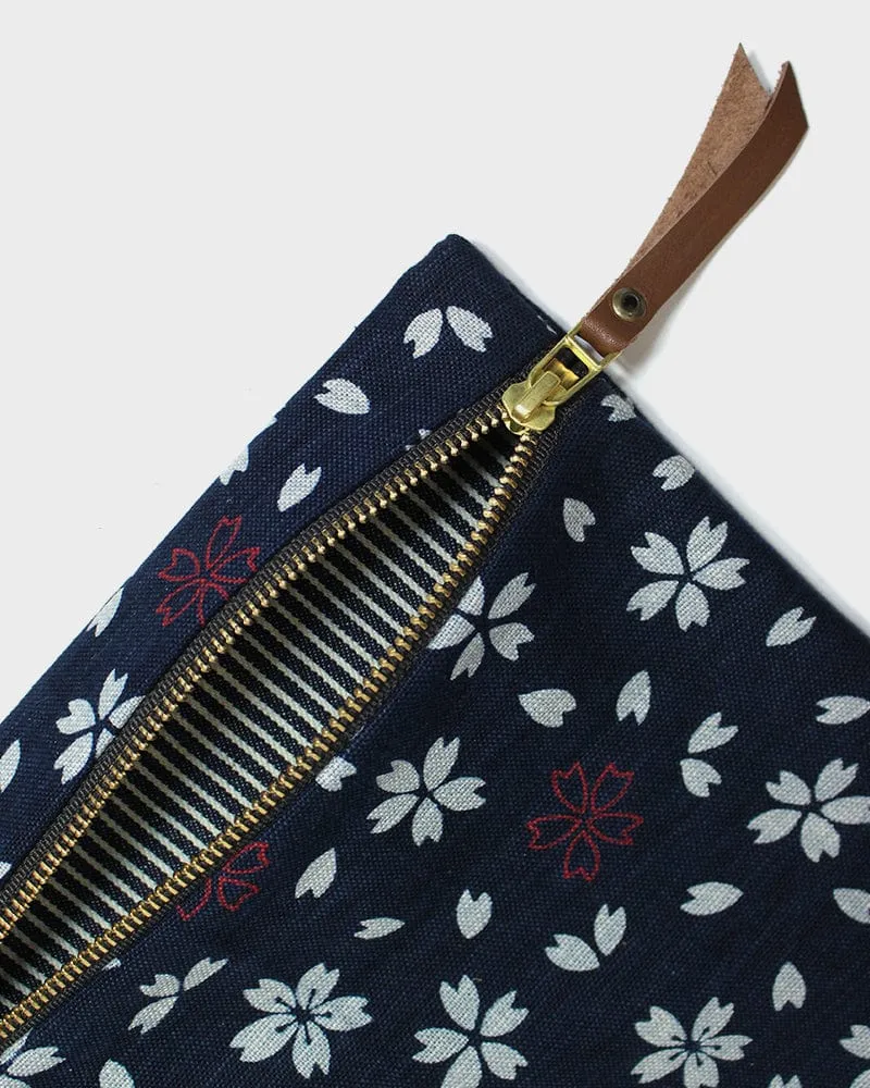 Kiriko Original Flat Zipper Pouch, Medium, Dark Indigo Sakura