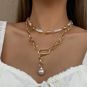 Ladies Gold Plated Chunky Pearl Bead Choker Chain & Irregular Pearl Necklace